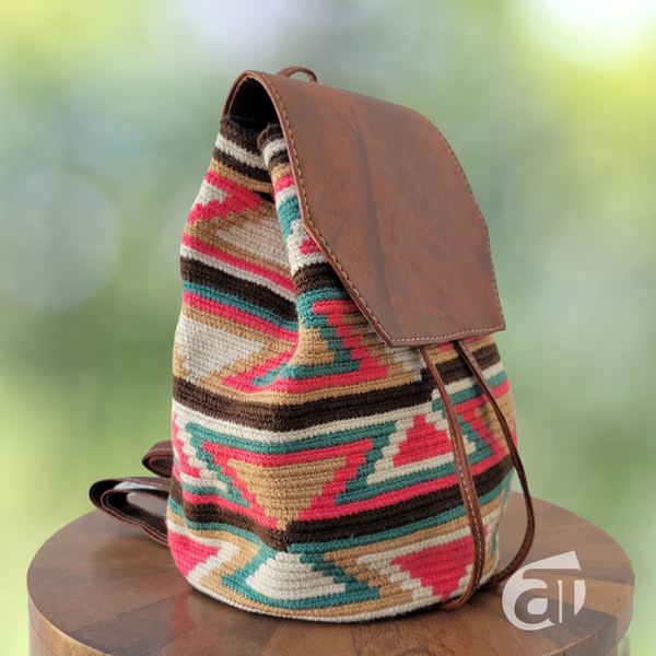 wayuu backpack, handmade backpack, wayuu bag, mochila wayuu, leather backpack, handwoven bag, crochet bag